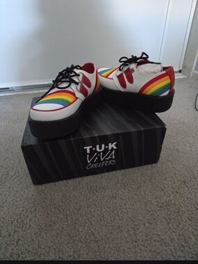 T.U.K Woman Viva Creepers - White with Red and Rainbow Stripes
